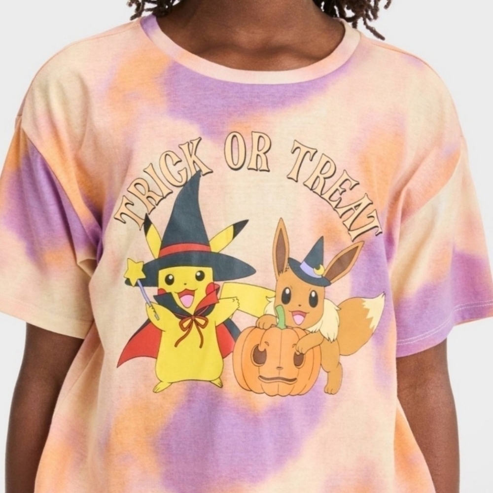 NWT Pokemon Pikachu & Eevee Halloween Tie Dye Trick or Treat Graphic Tee L 10/12 - Picture 2 of 6
